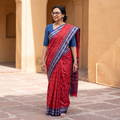 Red Ikat Handloom Cotton Sambalpuri Saree, draped and worn by a woman, AI visual of the saree, iTokri