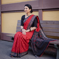 Red Ikat Handloom Cotton Sambalpuri Saree, draped and worn by a woman, AI visual of the saree, iTokri
