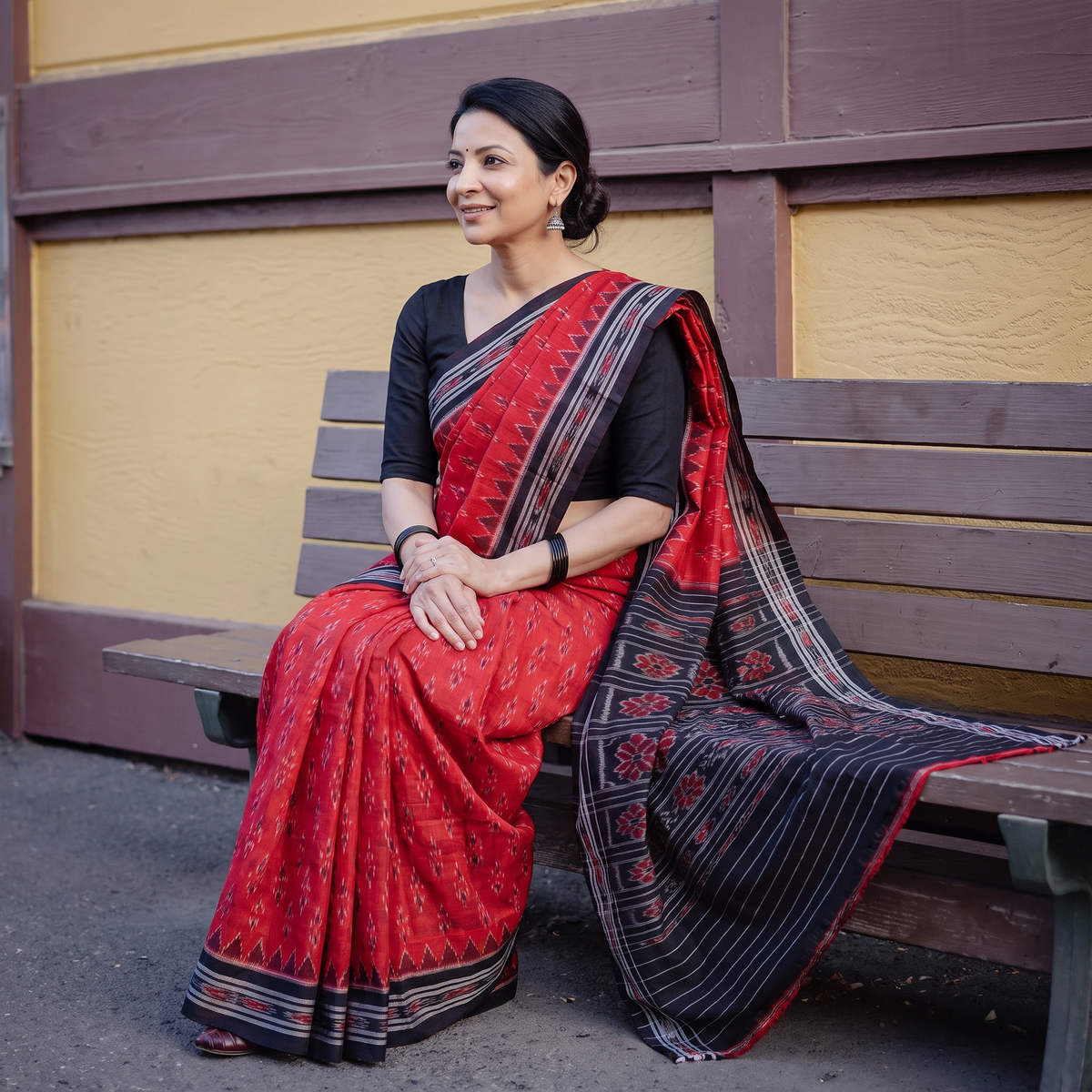 Red Ikat Handloom Cotton Sambalpuri Saree, draped and worn by a woman, AI visual of the saree, iTokri