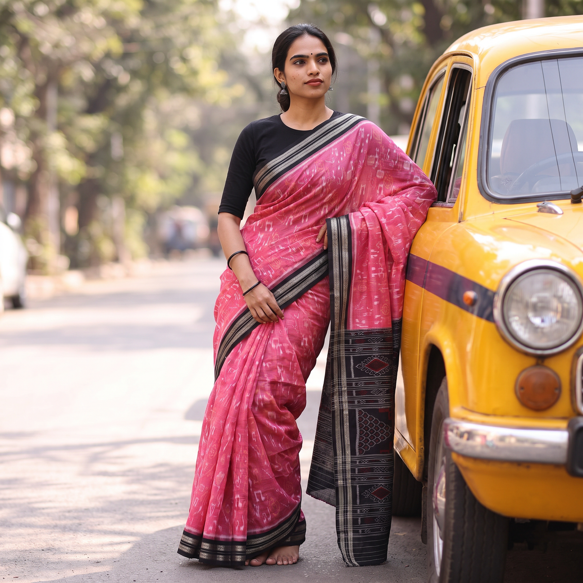 Pink Ikat Handloom Cotton Sambalpuri Saree with Blouse Piece, draped and worn by a woman, AI visual of the saree, iTokri