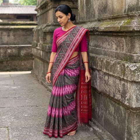 Brown Ikat Handloom Pure Cotton Sambalpuri Saree, draped and worn by a woman, AI visual of the saree, iTokri