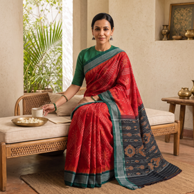 Red Ikat Handloom Pure Cotton Sambalpuri Saree, draped and worn by a woman, AI visual of the saree, iTokri