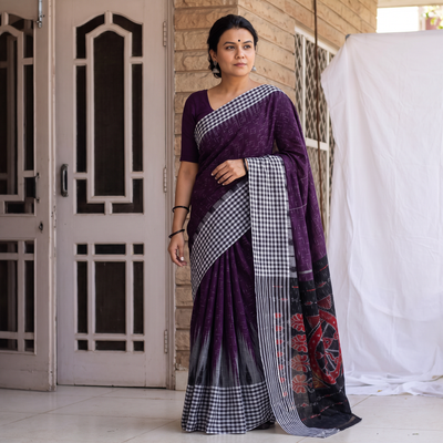 Purple Ikat Handloom Pure Cotton Sambalpuri Saree, draped and worn by a woman, AI visual of the saree, iTokri