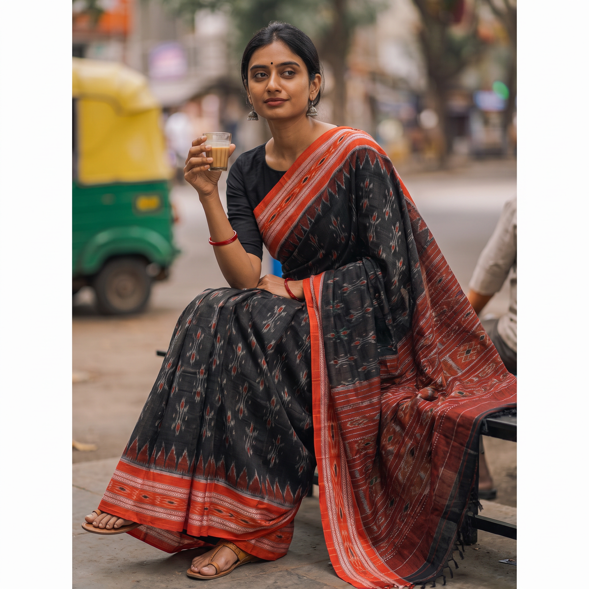 Brown Ikat Weave Handloom Cotton Sambalpuri Saree, draped and worn by a woman, AI visual of the saree, iTokri