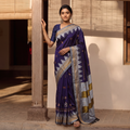 Purple Ilkal Weave Kasuti Work Silk Cotton Zari Border Saree with Blouse Piece, draped and worn by a woman, AI visual of the saree, iTokri