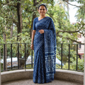 Blue Indigo Bagru Hand Block Print Pure Mul Cotton Ready To Wear Saree, draped and worn by a woman, AI visual of the saree, iTokri
