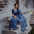 Blue Indigo Bagru Hand Block Print Pure Mul Cotton Ready To Wear Saree, draped and worn by a woman, AI visual of the saree, iTokri