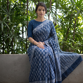 Blue Indigo Bagru Hand Block Print Pure Mul Cotton Ready To Wear Saree, draped and worn by a woman, AI visual of the saree, iTokri