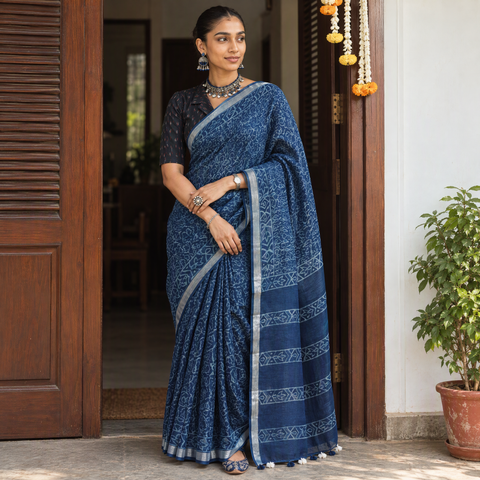 Blue Indigo block printed linen handloom Sanganeri saree, draped and worn by a woman, AI visual of the saree, iTokri