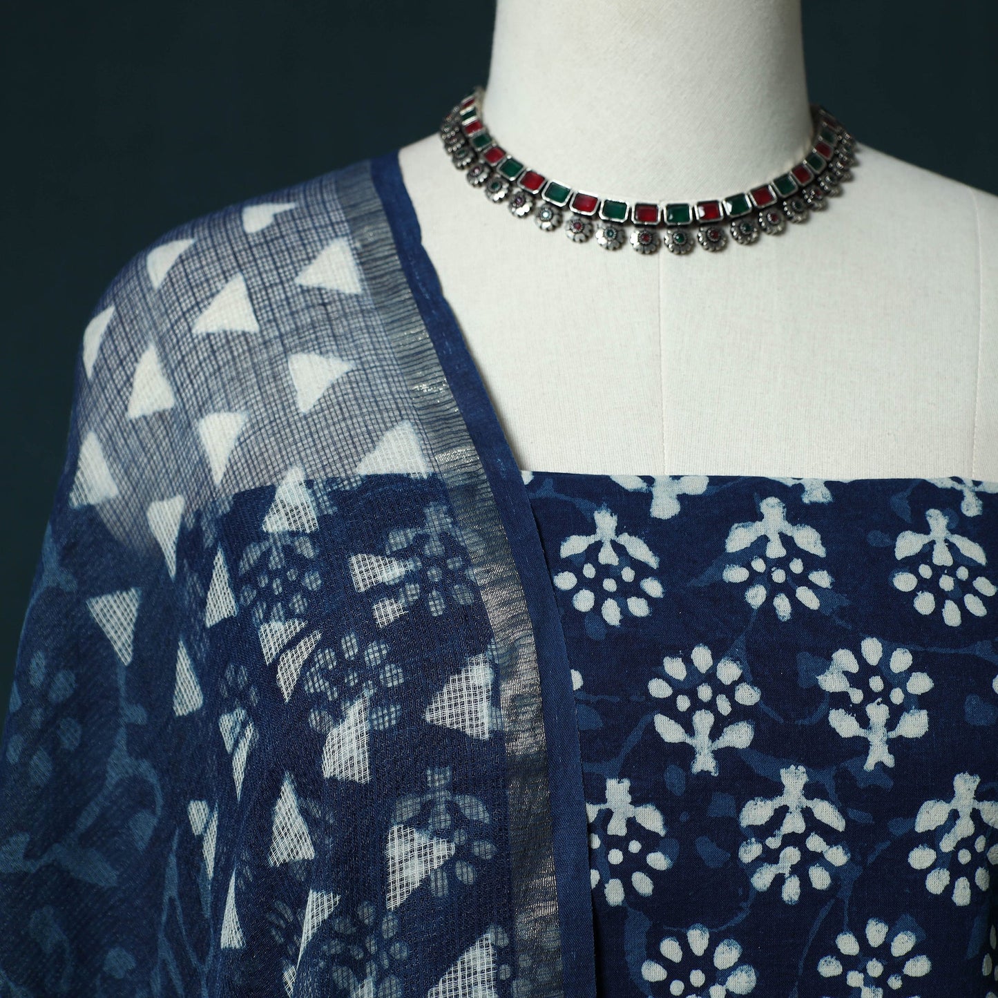 Indigo hand block print bagru cotton 3pc unstitched dress