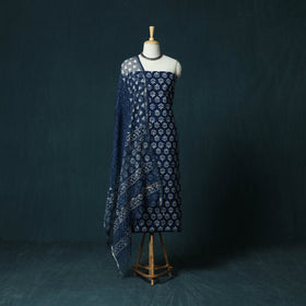 Indigo hand block print bagru cotton 3pc unstitched dress