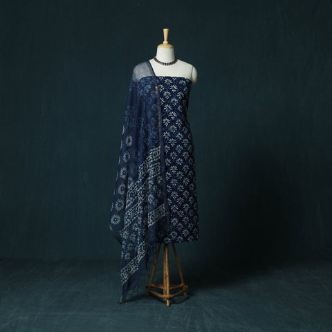Indigo hand block print bagru cotton 3pc unstitched dress