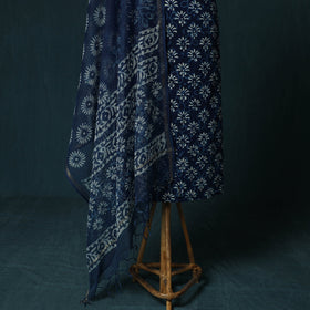 Indigo hand block print bagru cotton 3pc unstitched dress
