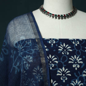 Indigo hand block print bagru cotton 3pc unstitched dress