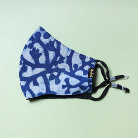  Indigo Block Printed Cotton 3 Layer Snug Fit Face Cover 