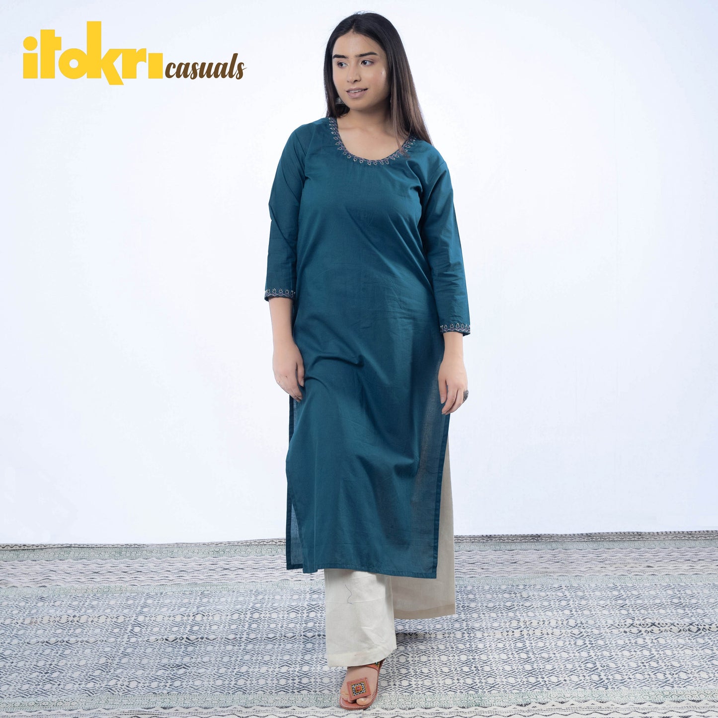  iTokri Casuals - Hand Embroidered Cotton Long Kurta 