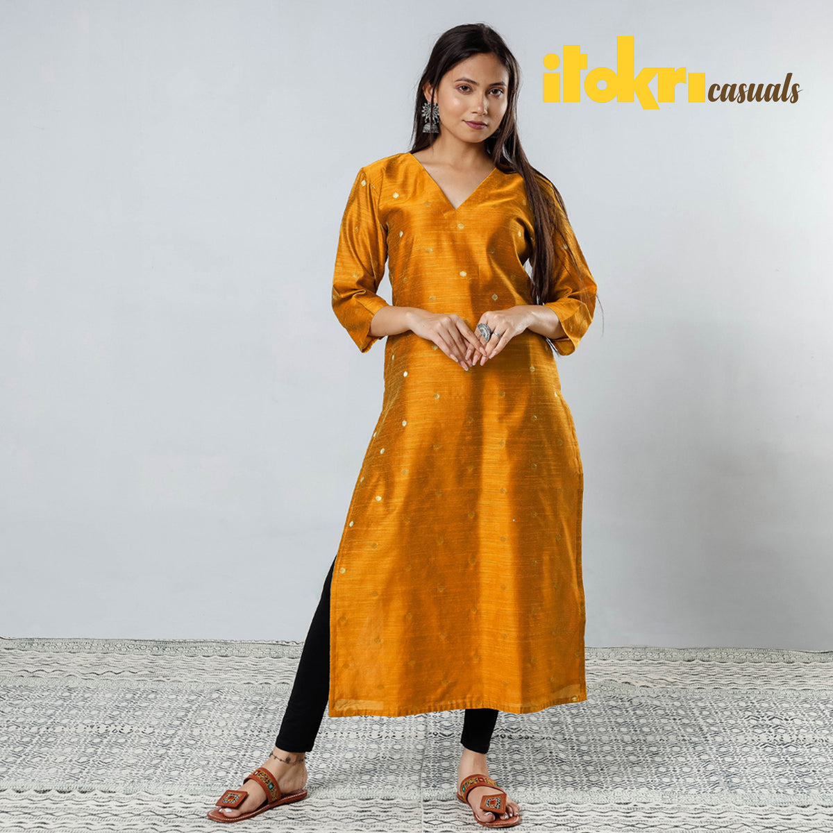 Yellow - Polka Zari Butta Spun Dupion Silk Long Straight Kurta 03