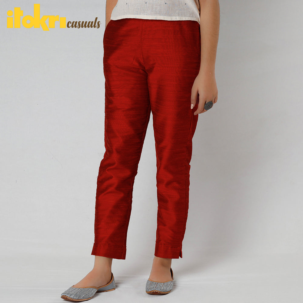 Red - Silk Tapered Casual Pant for Women