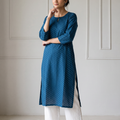 Blue Jacquard Cotton Arrowhead Dots Kurta, worn by a woman for daily wear, also office wear, AI visual of the kurta, iTokri