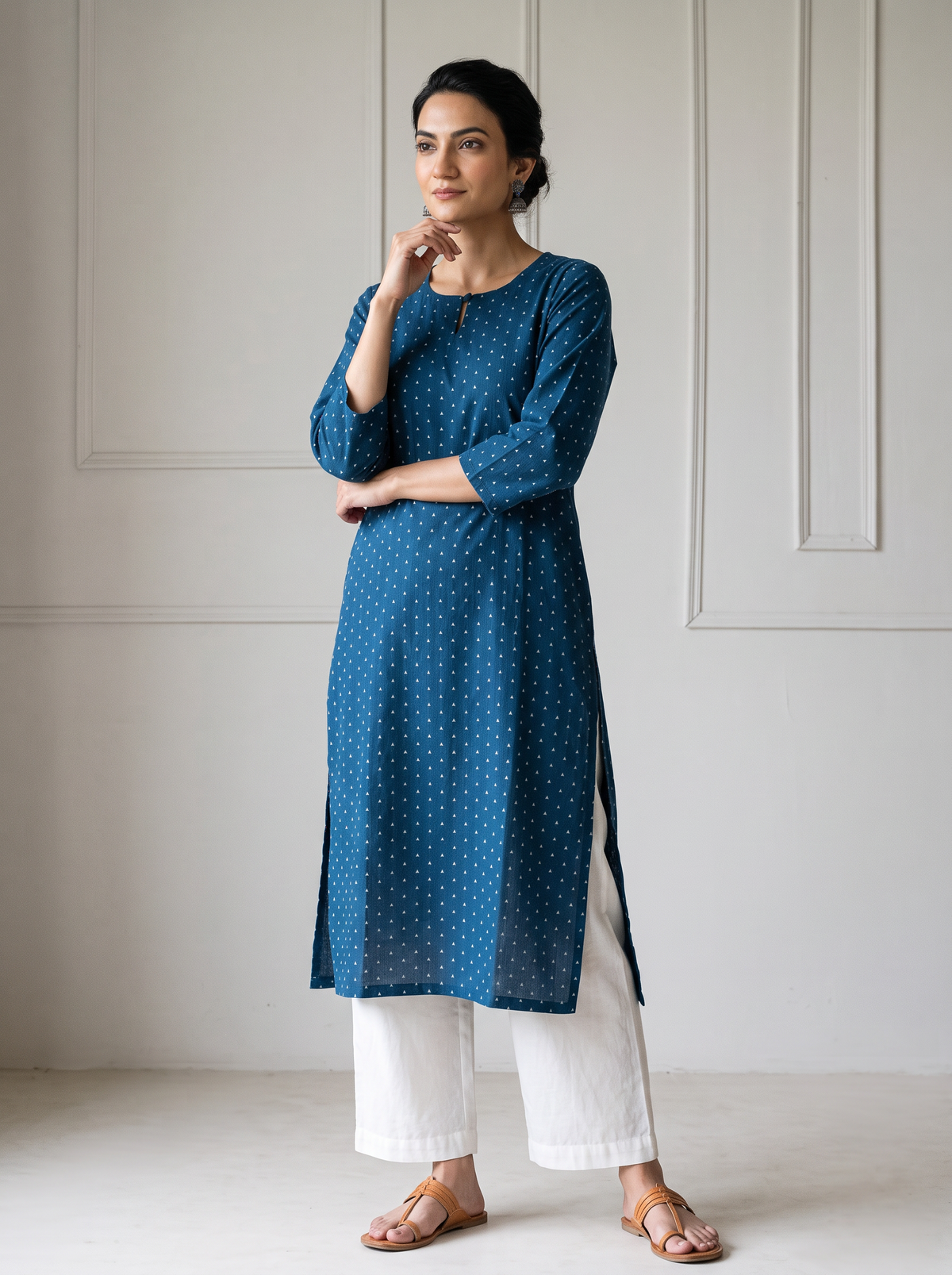 Blue Jacquard Cotton Arrowhead Dots Kurta, worn by a woman for daily wear, also office wear, AI visual of the kurta, iTokri