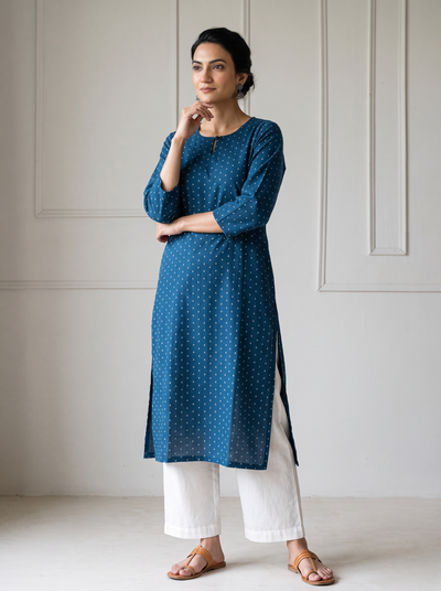 Blue Jacquard Cotton Arrowhead Dots Kurta, worn by a woman for daily wear, also office wear, AI visual of the kurta, iTokri