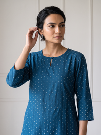 Blue Jacquard Cotton Arrowhead Dots Kurta, front view, teal blue cotton, tiny white arrowheads, AI visual of the kurta, iTokri