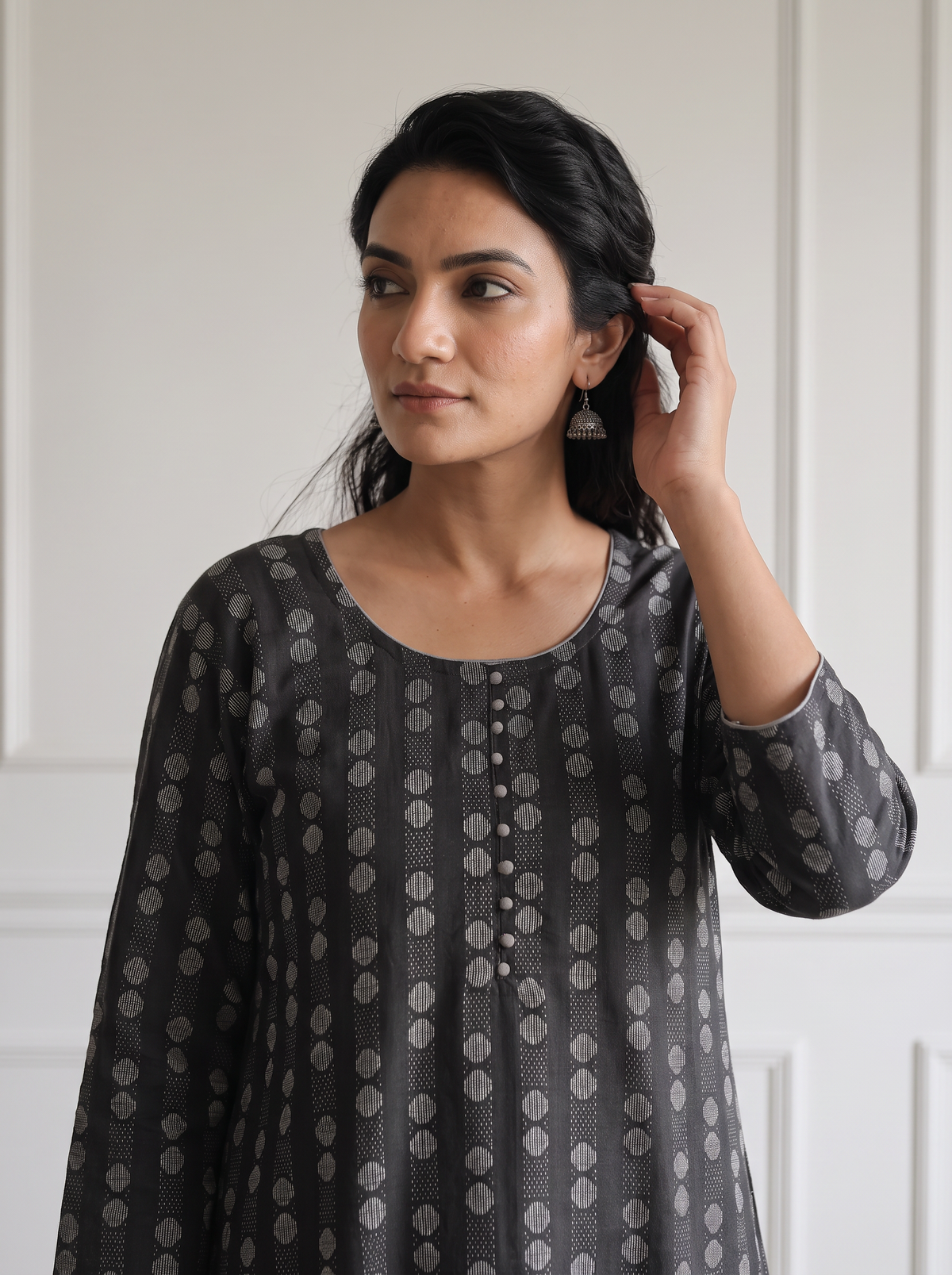 Black Jacquard Cotton Dotted Columns Kurta, front view, black jacquard cotton, grey-white discs, AI visual of the kurta, iTokri