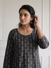Black Jacquard Cotton Dotted Columns Kurta, front view, black jacquard cotton, grey-white discs, AI visual of the kurta, iTokri