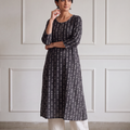 Black Jacquard Cotton Dotted Columns Kurta, worn by a woman for daily wear, also casual, office wear, AI visual of the kurta, iTokri