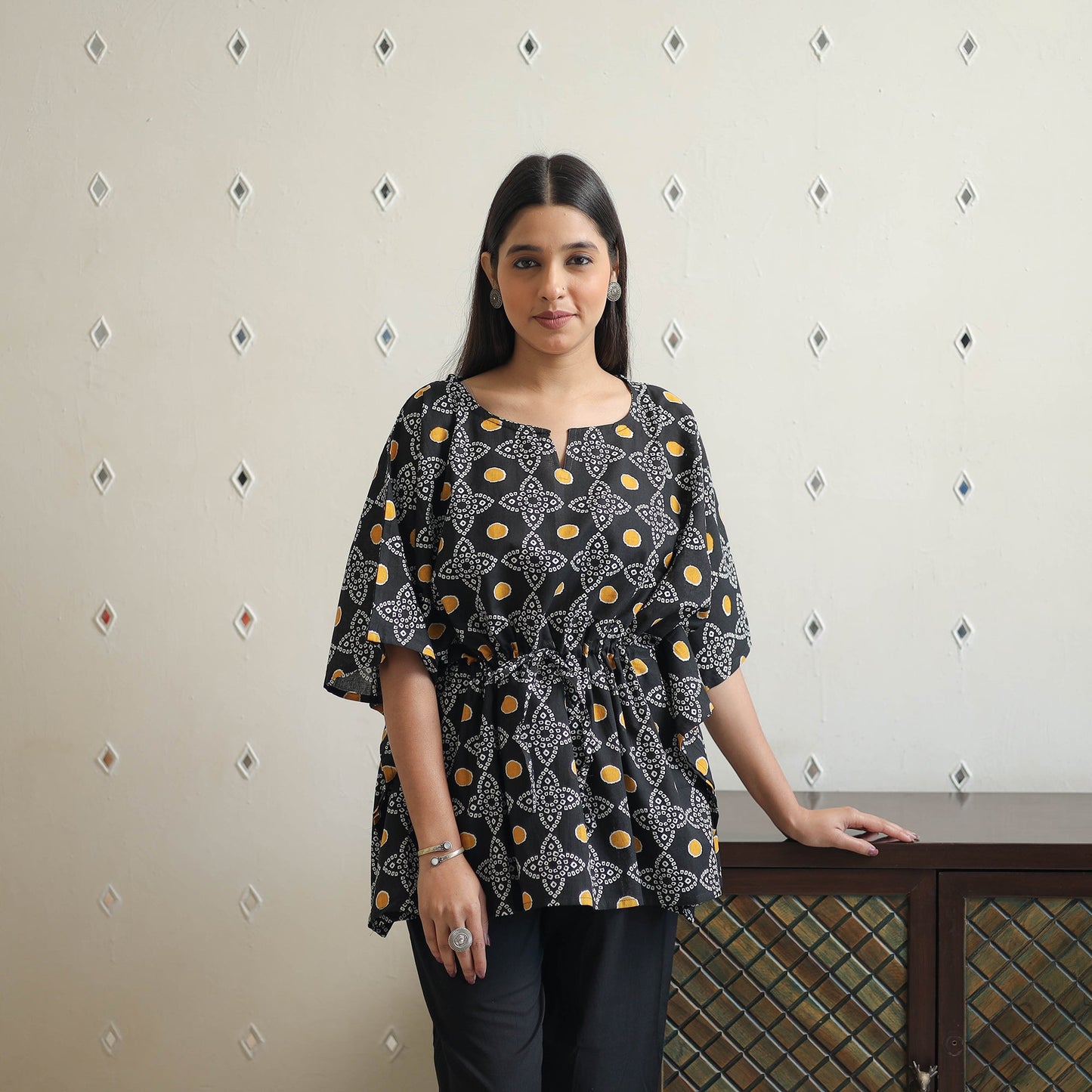 Jaipur screen printed cotton kaftan & pyjama night suit set