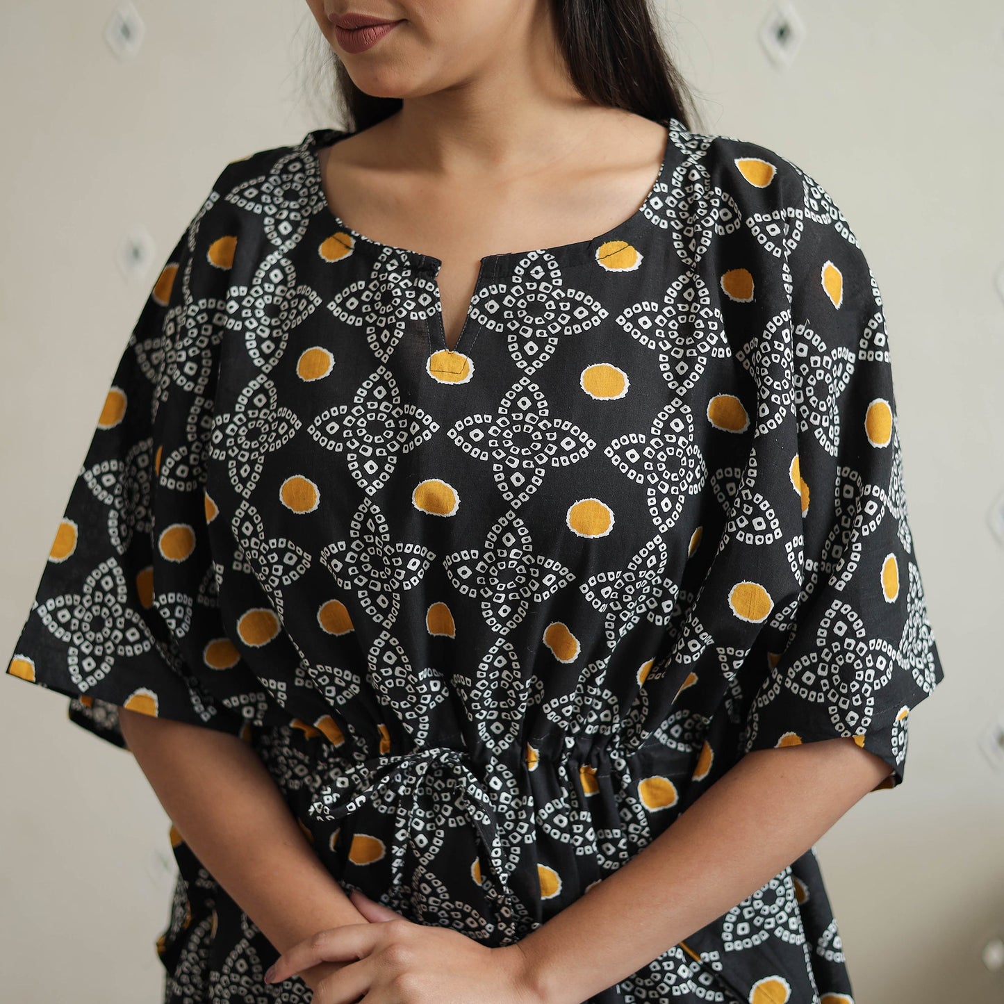 Jaipur screen printed cotton kaftan & pyjama night suit set