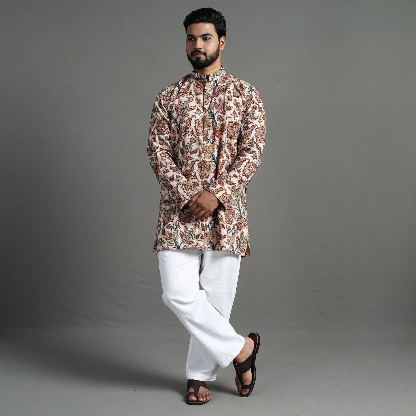 Kalamkari block printed cotton men short kurta 03