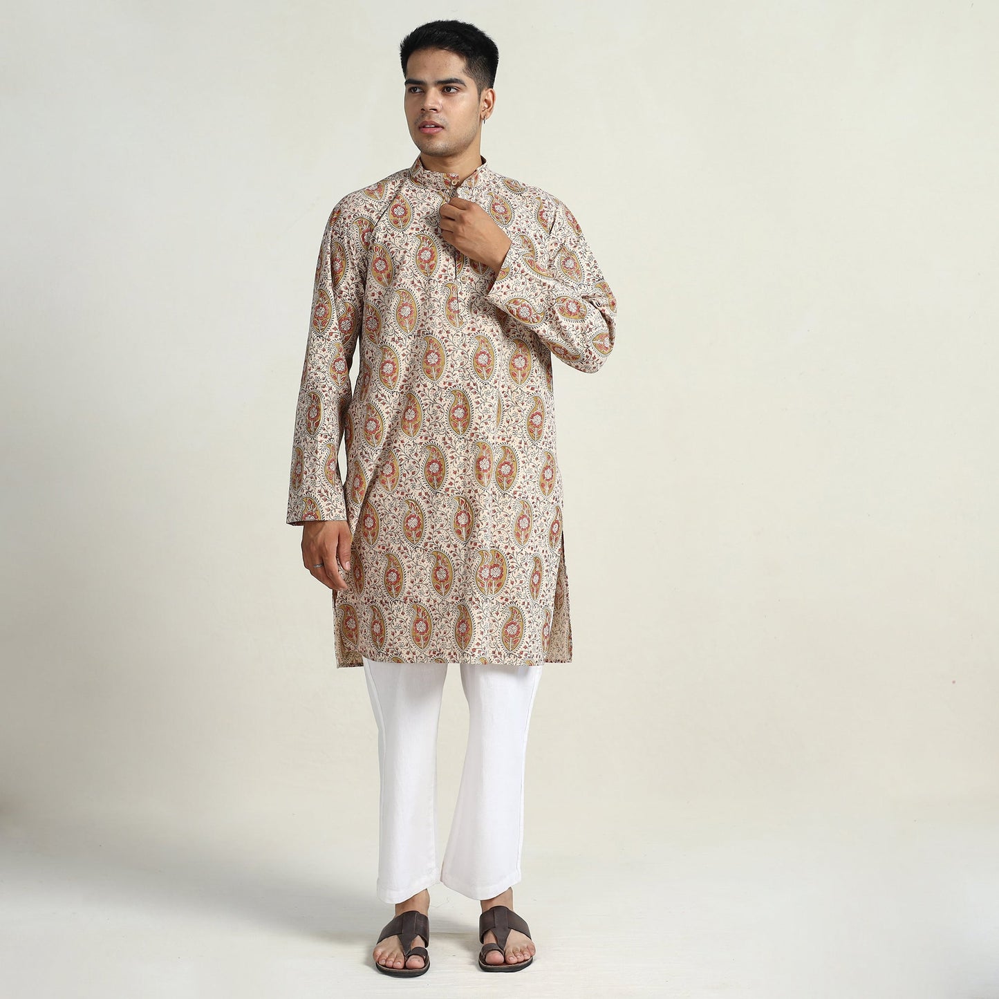 Kalamkari printed cotton men long kurta 06 - handcrafted