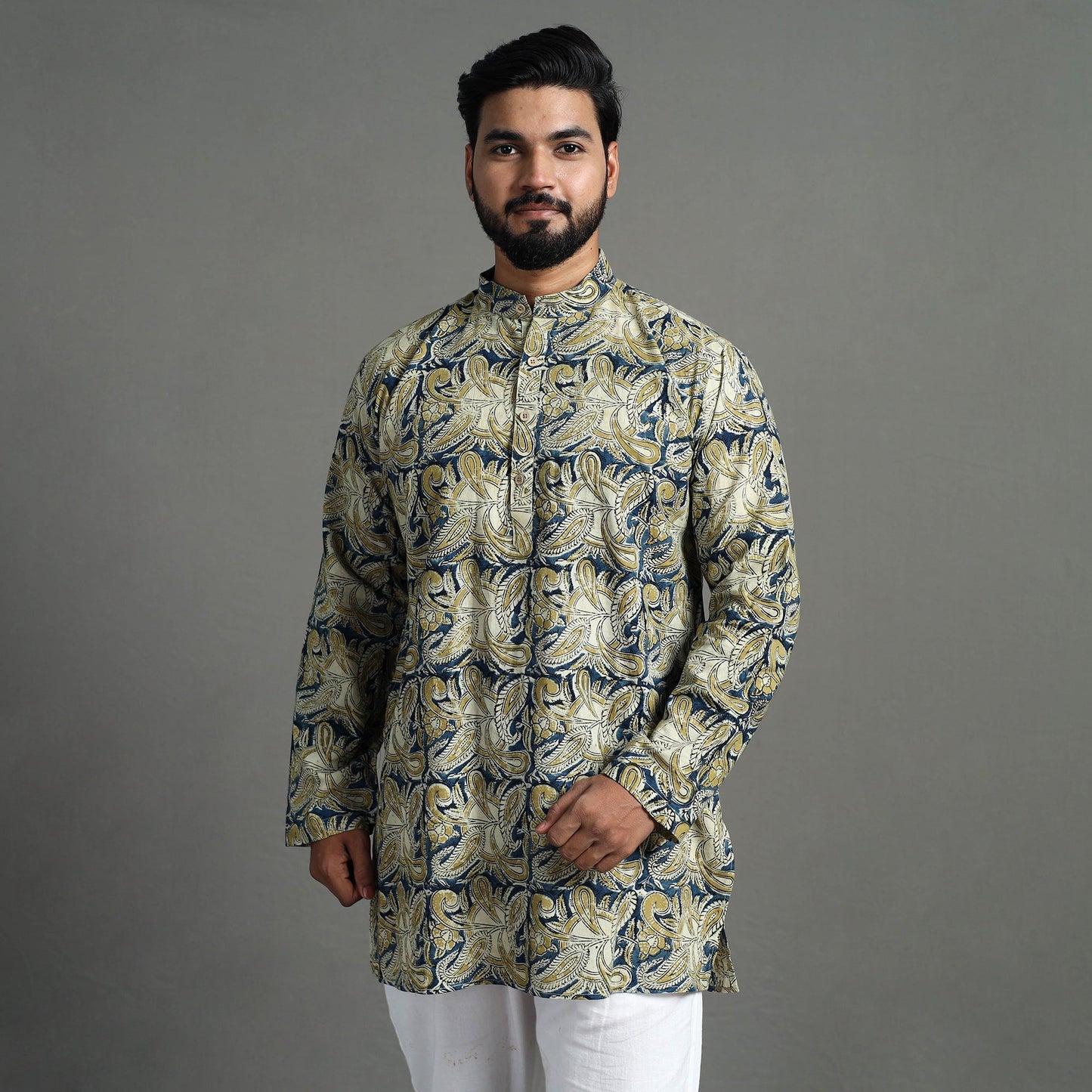  Kalamkari Block Printed Cotton Men Short Kurta 01 