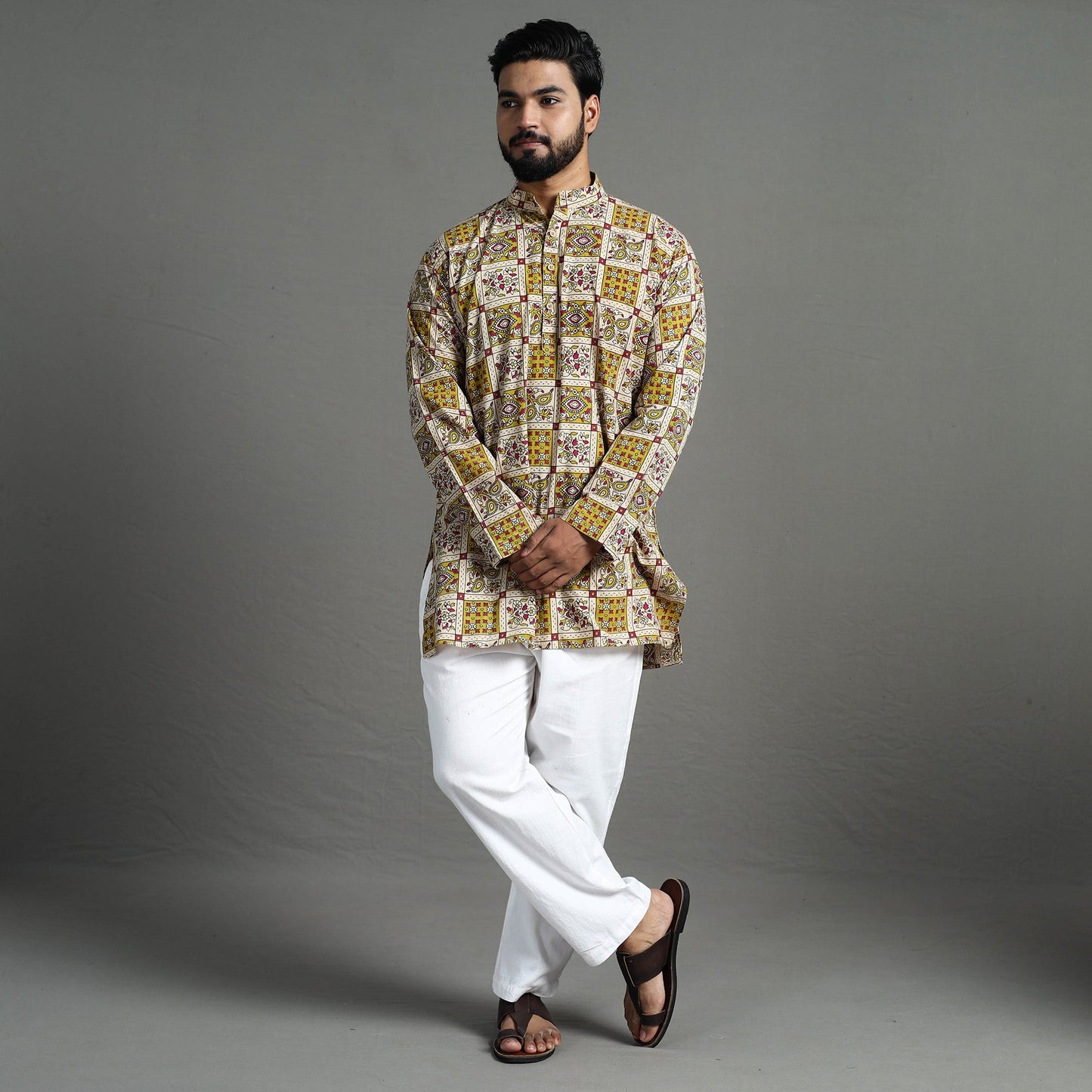  Kalamkari Printed Cotton Men Short Kurta 12 