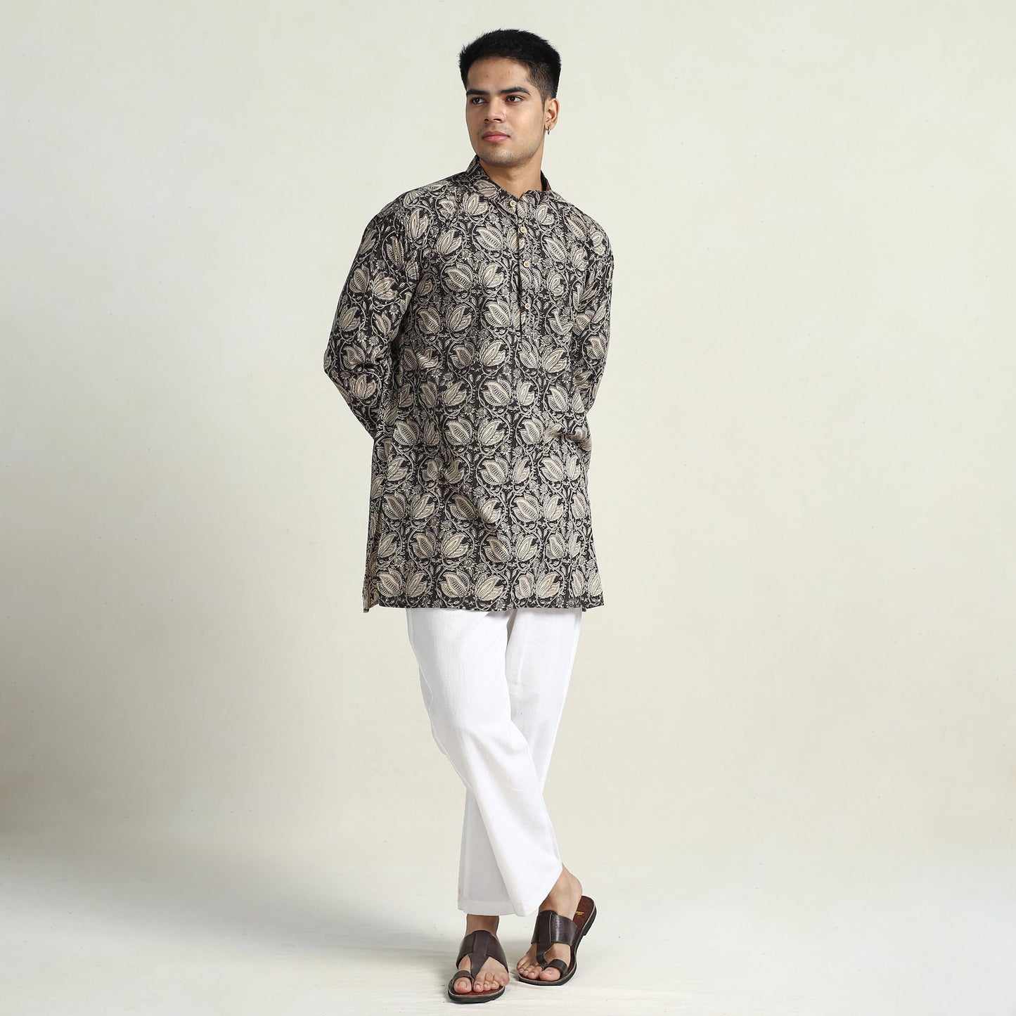 Kalamkari printed cotton men short kurta 13 - handcrafted
