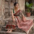 Brown Kalamkari Printed Cotton Saree, draped and worn by a woman, AI visual of the saree, iTokri