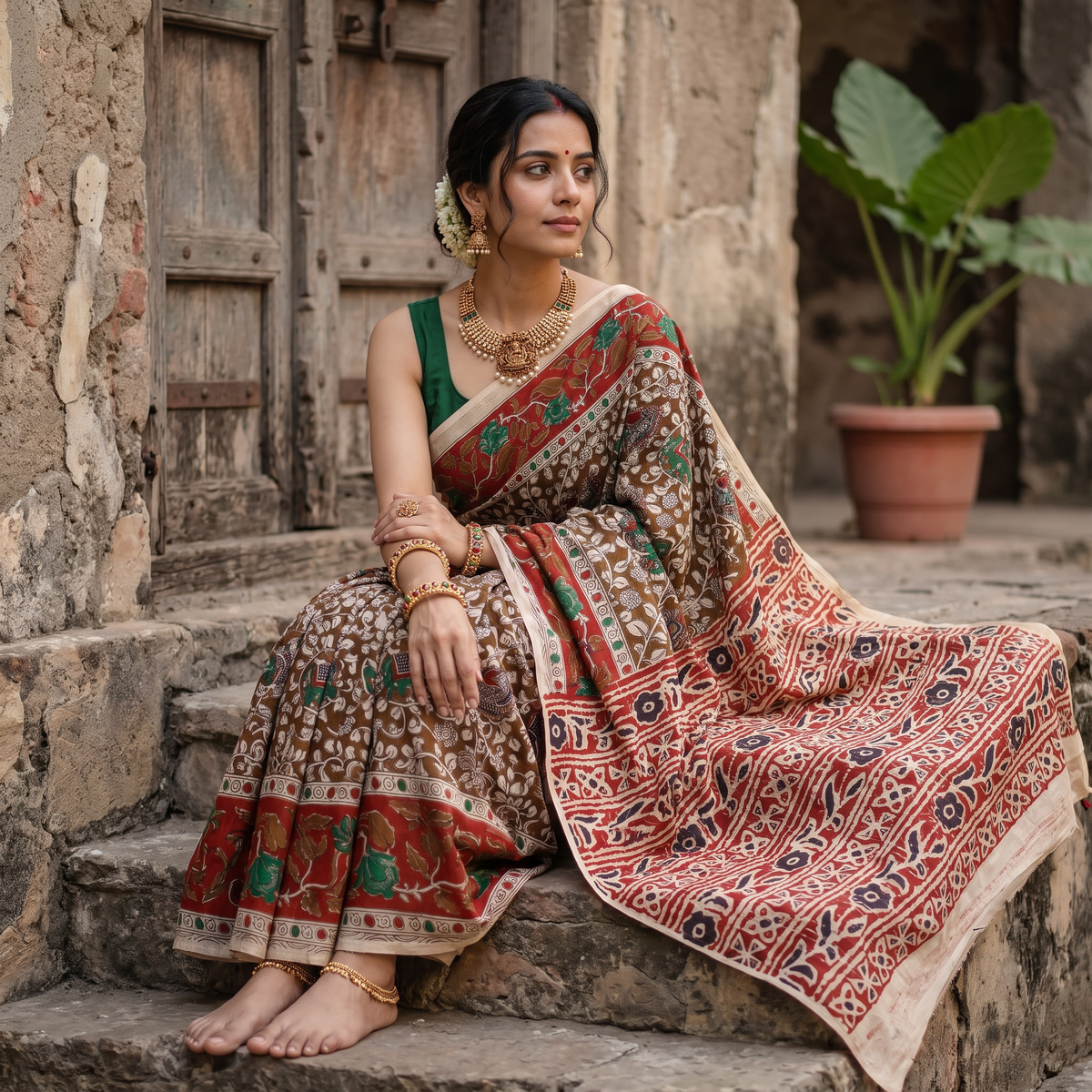 Brown Kalamkari Printed Cotton Saree, draped and worn by a woman, AI visual of the saree, iTokri
