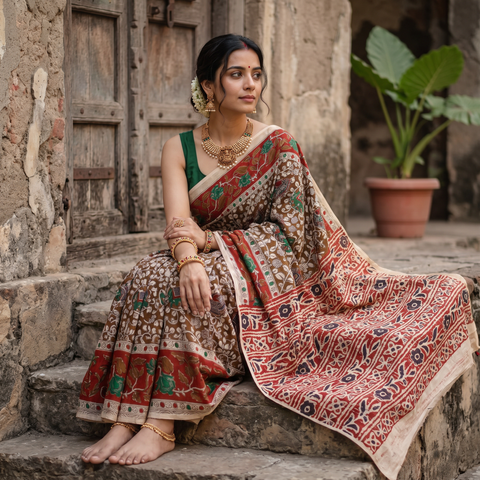 Brown Kalamkari Printed Cotton Saree, draped and worn by a woman, AI visual of the saree, iTokri