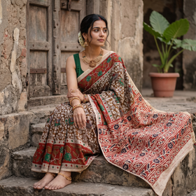 Brown Kalamkari Printed Cotton Saree, draped and worn by a woman, AI visual of the saree, iTokri