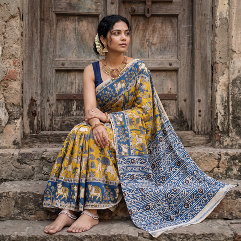 Yellow Kalamkari Printed Cotton Saree, draped and worn by a woman, AI visual of the saree, iTokri