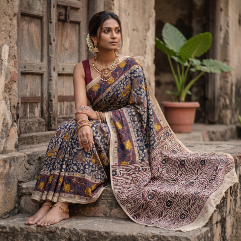 Blue Kalamkari Printed Cotton Saree, draped and worn by a woman, AI visual of the saree, iTokri