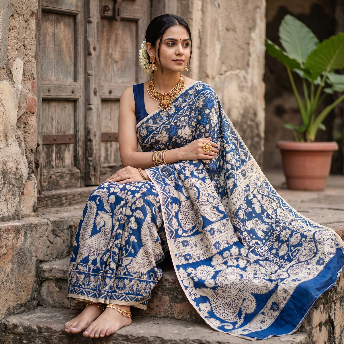 Blue Kalamkari Printed Cotton Saree, draped and worn by a woman, AI visual of the saree, iTokri