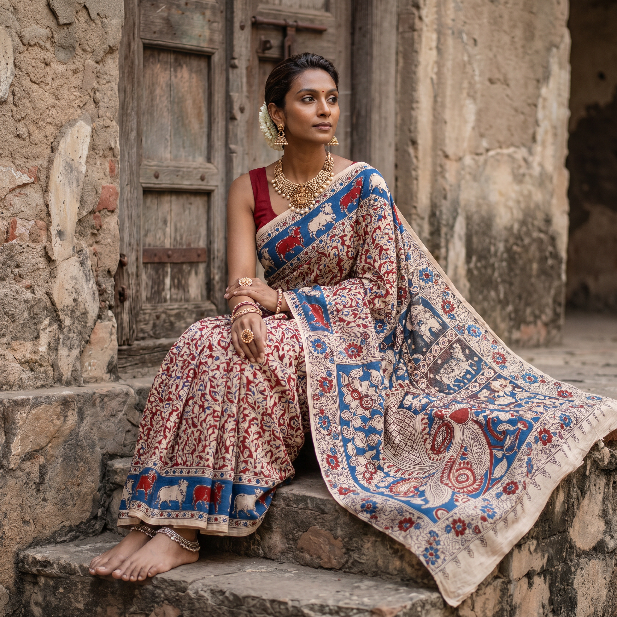 Multicolor Kalamkari Printed Cotton Saree, draped and worn by a woman, AI visual of the saree, iTokri
