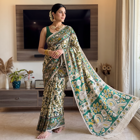 Green Kalamkari Printed Cotton Saree, draped and worn by a woman, AI visual of the saree, iTokri