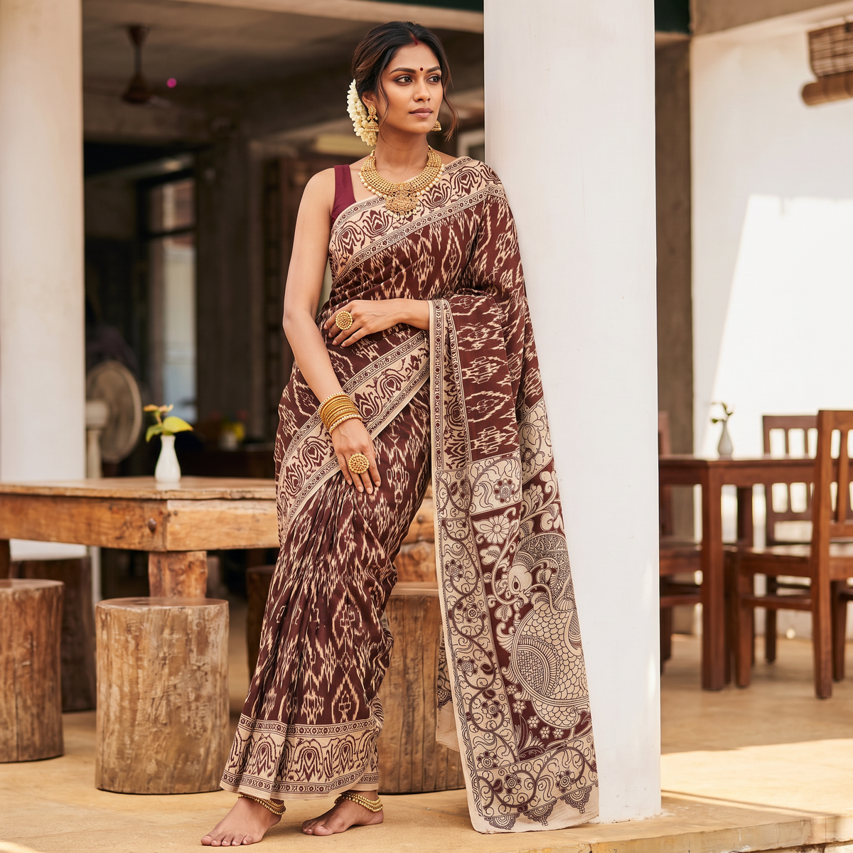 Maroon Kalamkari Printed Cotton Saree, draped and worn by a woman, AI visual of the saree, iTokri