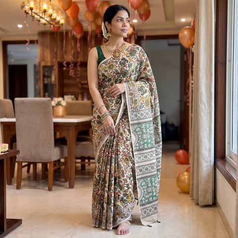 Beige Kalamkari Printed Cotton Saree, draped and worn by a woman, AI visual of the saree, iTokri
