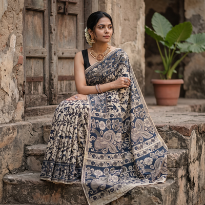 Beige Kalamkari Printed Cotton Saree, draped and worn by a woman, AI visual of the saree, iTokri