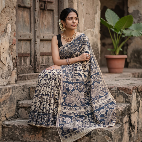 Beige Kalamkari Printed Cotton Saree, draped and worn by a woman, AI visual of the saree, iTokri