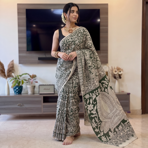 Beige Kalamkari Printed Cotton Saree, draped and worn by a woman, AI visual of the saree, iTokri